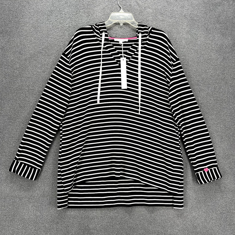 Jane Delancey Top‎ Womens Large Black Striped Boho Shirt Hooded Tunic